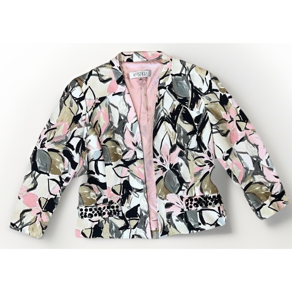Vintage Floral Blazer Pastel Pink‎ Open Front Embellished Pockets Women's Size 4